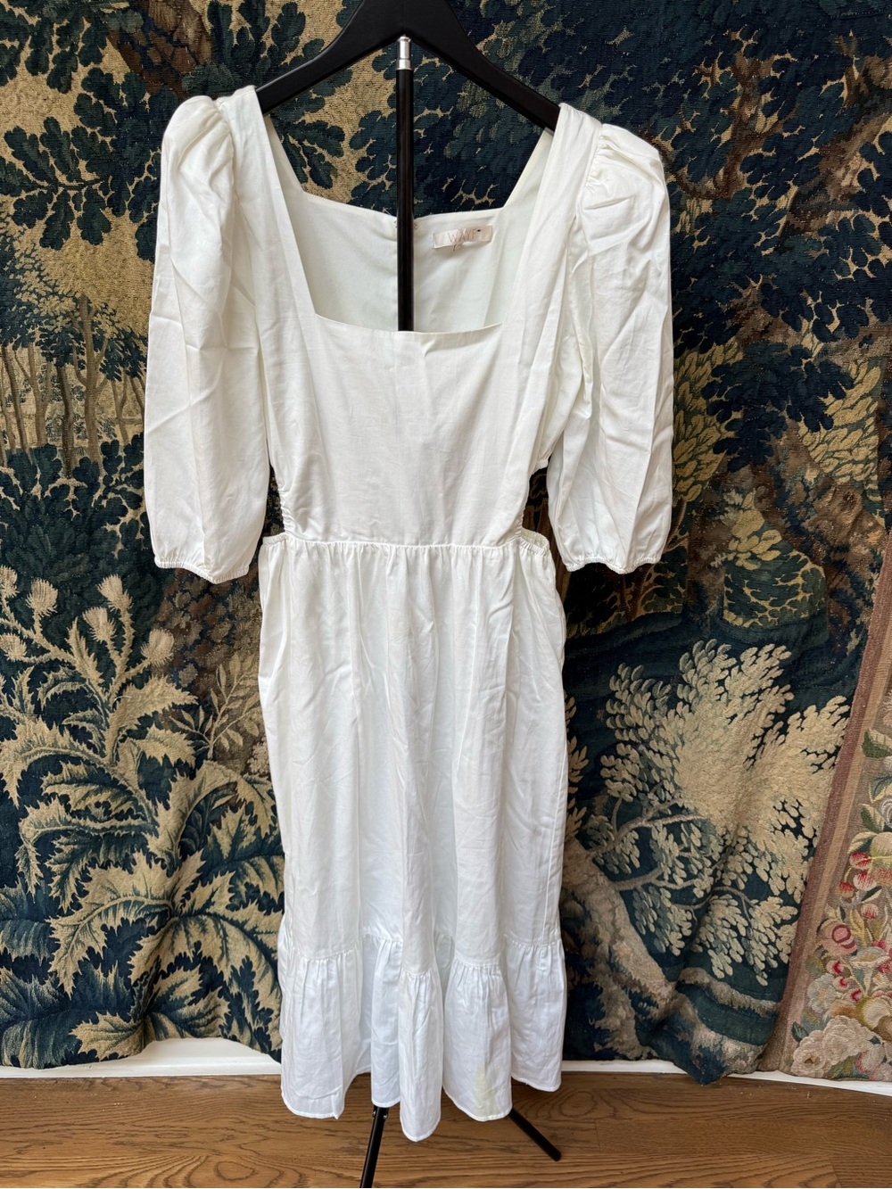 White Square-Neck Puff Sleeve Midi Dress